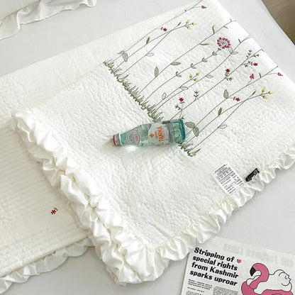 DecorBites™ Fresh Flower Embroidered Summer Quilt Set - Lightweight Ruffled Comforter