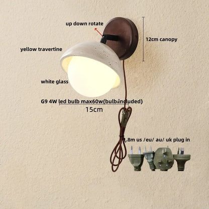 DecorBites™ LED Wall Sconce Yellow Travertine Stone Bedroom Study Cafe Wood Base Stair Light