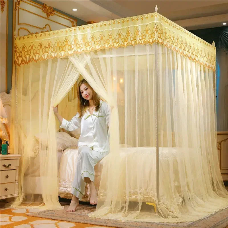 DecorBites™ Lace Pleated Queen Bed Net Canopy with Stainless Steel Bracket