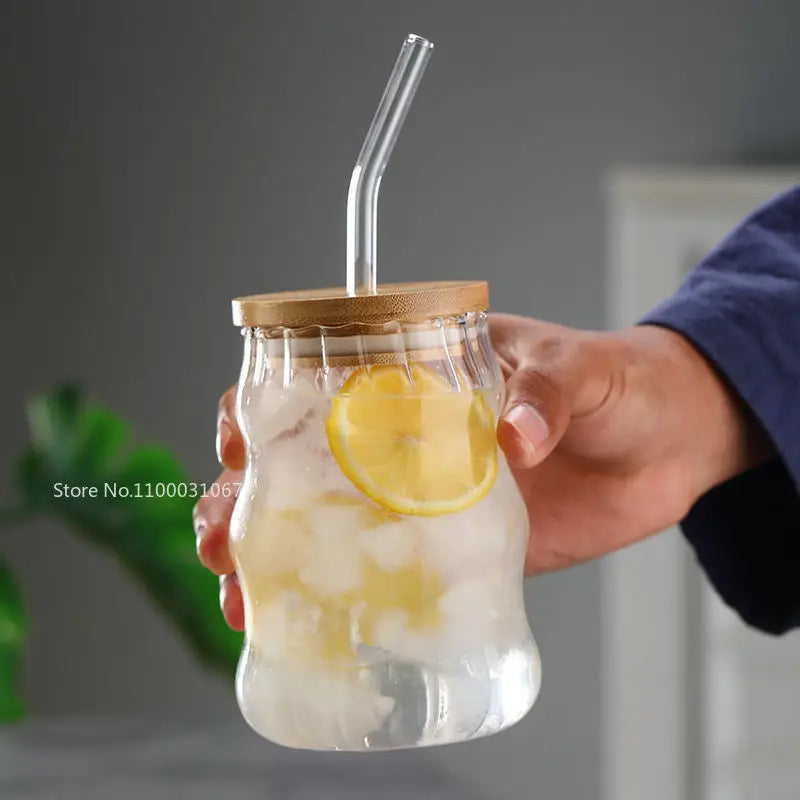 DecorBites™ Glass Cup Set with Lid and Straw, Transparent Drinkware for Tea, Juice, Beer or Milk