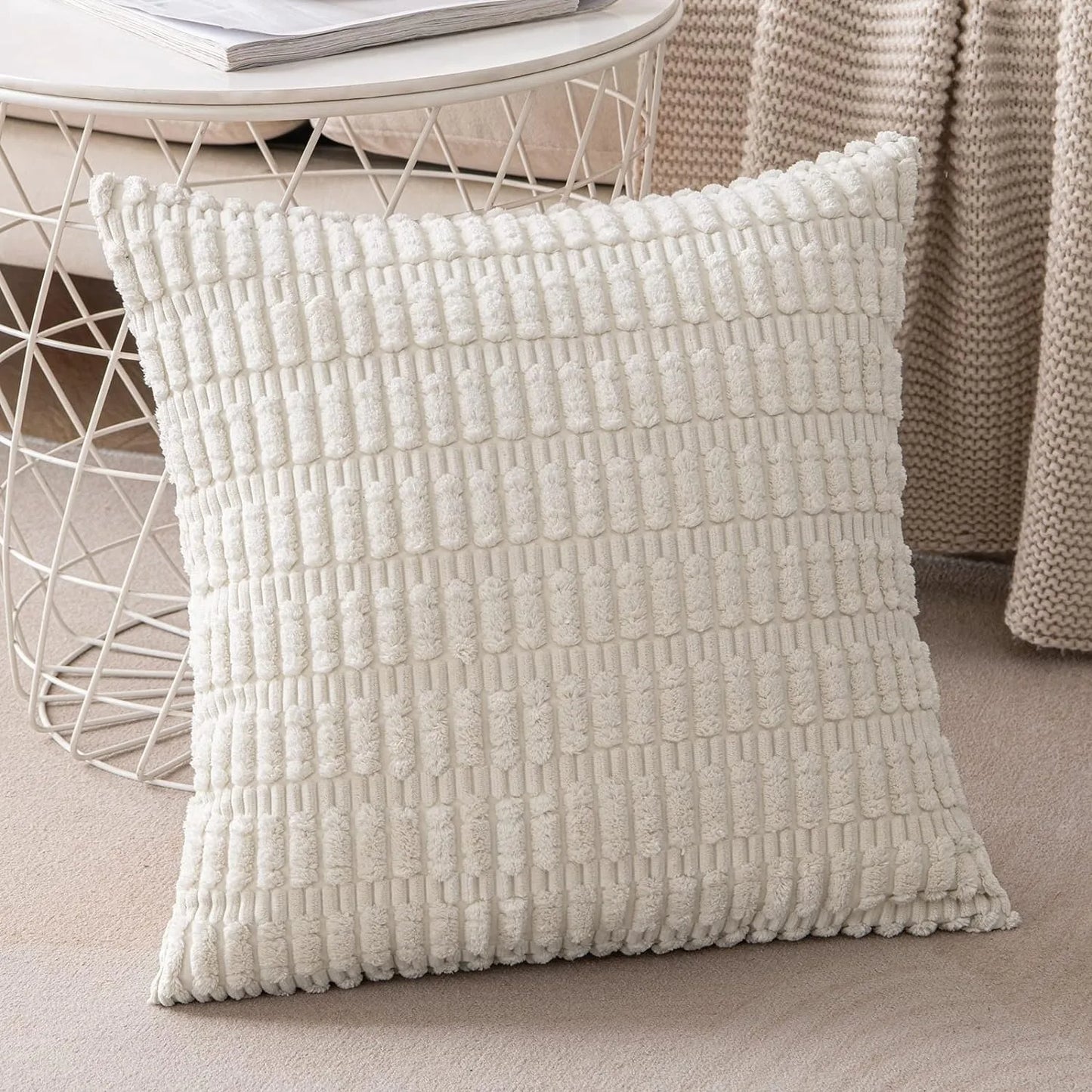 DecorBites™ Corduroy Striped Throw Pillow Covers | Soft White Decorative Square Cushion Case