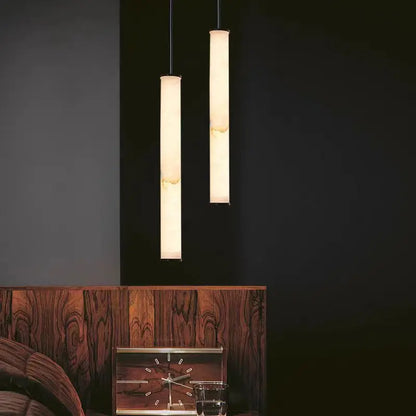 Cylindrical Marble Pendant Light in Black Brass