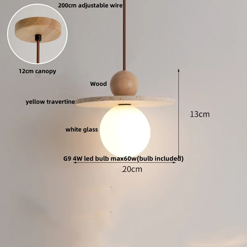 DecorBites™ Globe LED Pendant Light Yellow Travertine Stone White Glass Adjust Hang Lamp