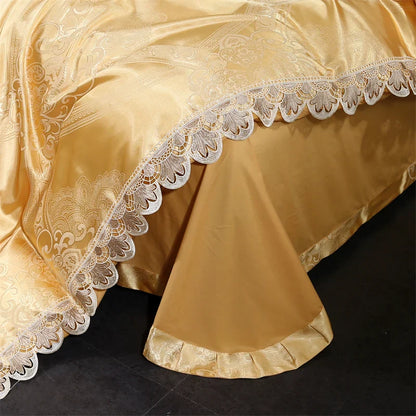 DecorBites™ Golden Jacquard Cotton Lace Bedding Set - Silky Soft Duvet Cover, Flat Sheet, Pillowcase