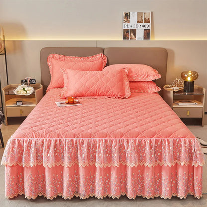 DecorBites™ Cotton Lace Ruffles Quilted Bed Skirt Set with Pillowcases