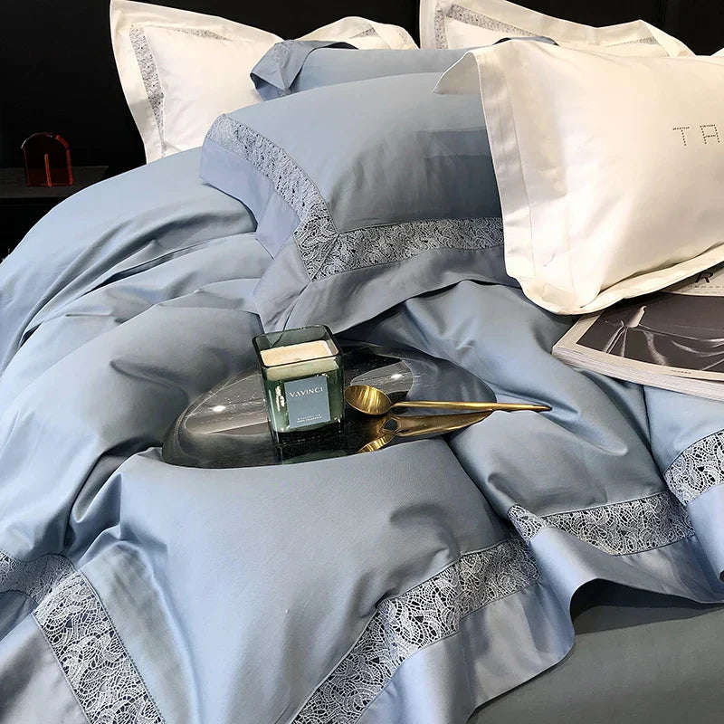 DecorBites™ Grey Hollow Lace 1000TC Egyptian Cotton Bedding Set with Wide Edge