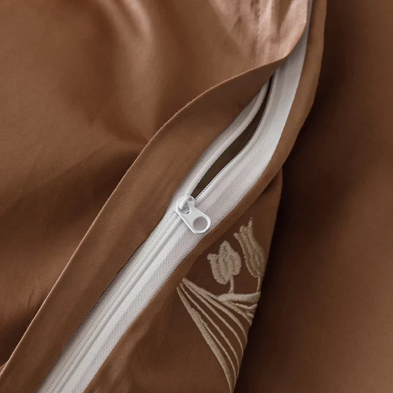 DecorBites™ Elegant Lily of the Valley Embroidery Brown Cotton Bedding Set