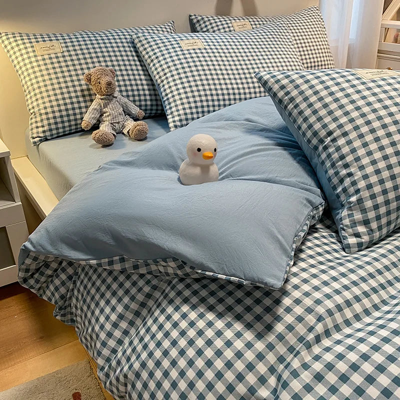 DecorBites™ Cozy Plaid Duvet Cover | Simple Nordic Comforter Cover | Non-Fading Washed Cotton Bedding