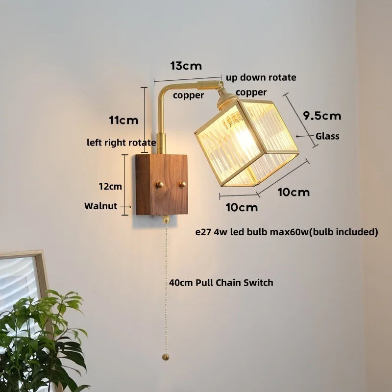 DecorBites™ LED Walnut Wood Cube Glass Wall Light with Pull Chain Switch