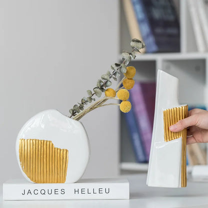DecorBites™ Geometric Gold Striped Ceramic Vase for Flowers & Hydroponics