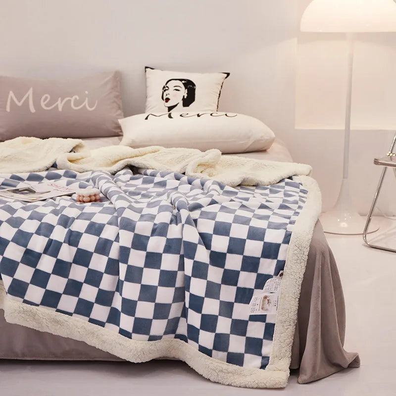 DecorBites™ Double Layer Lamb Wool Checkered Blanket - Nordic Style Warm Bedspread