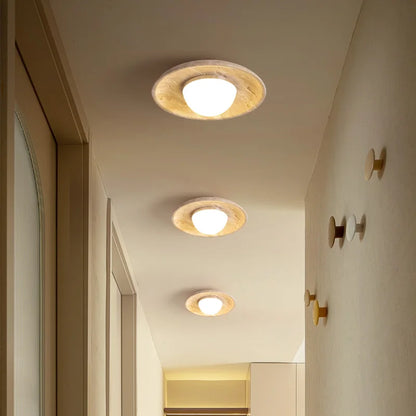 DecorBites™ Acrylic LED Ceiling Lamp Yellow Travertine Wood Canopy Wabi Sabi Style