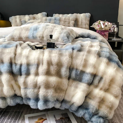 DecorBites™ Gradient Faux Rabbit Fur Bedding Set - Warm Luxury Plush Duvet Cover & Quilt Sets