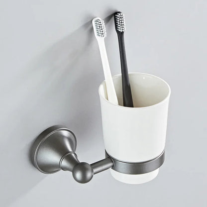 DecorBites™ Gray Bathroom Accessories Set: Towel Rack, Toilet Brush Holder, Shelf, Soap Dish