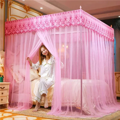 DecorBites™ Lace Pleated Queen Bed Net Canopy with Stainless Steel Bracket