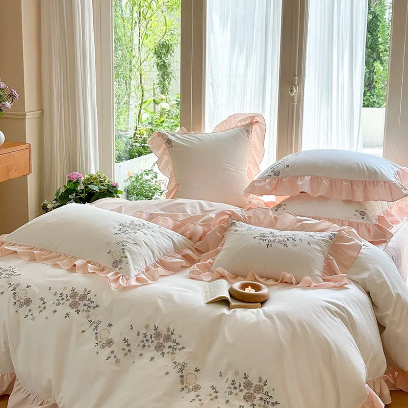 Embroidered Cotton Bedding Set Lace Ruffle King