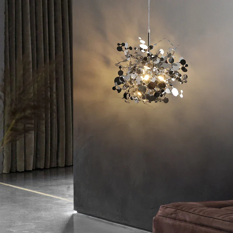 Sequin Leaf Ceiling Chandelier Gold 6-Head Long