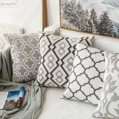 DecorBites™ Geometric Embroidered Cushion Cover in Grey Canvas Cotton 45x45cm