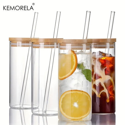 DecorBites™ 4-Piece Set Clear Glass Tumbler Cups with Bamboo Lids and Straws - 600ML