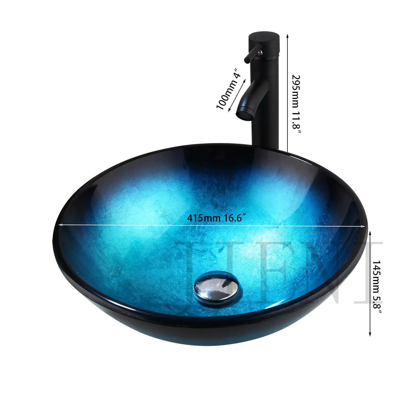 DecorBites™ Bule Glass Sink Set with Matte Black Mixer Faucet Tap and Pop Drain
