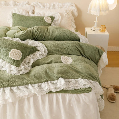 DecorBites™ Luxe Carved Velvet Lace Ruffles Bedding Set with Quilted Bed Skirt
