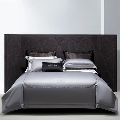 DecorBites™ Cotton Satin Jacquard Embroidery Bedding Set with Elastic Sheet & Duvet Cover