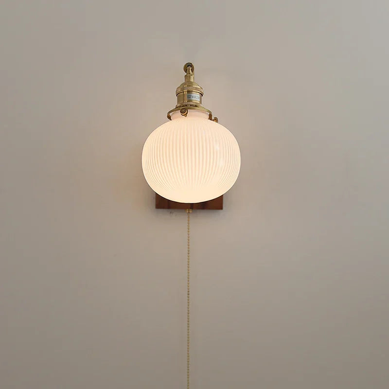 DecorBites™ Globe Ceramic LED Wall Lights Walnut Wood Sconce Rotatable Bedside Lamp