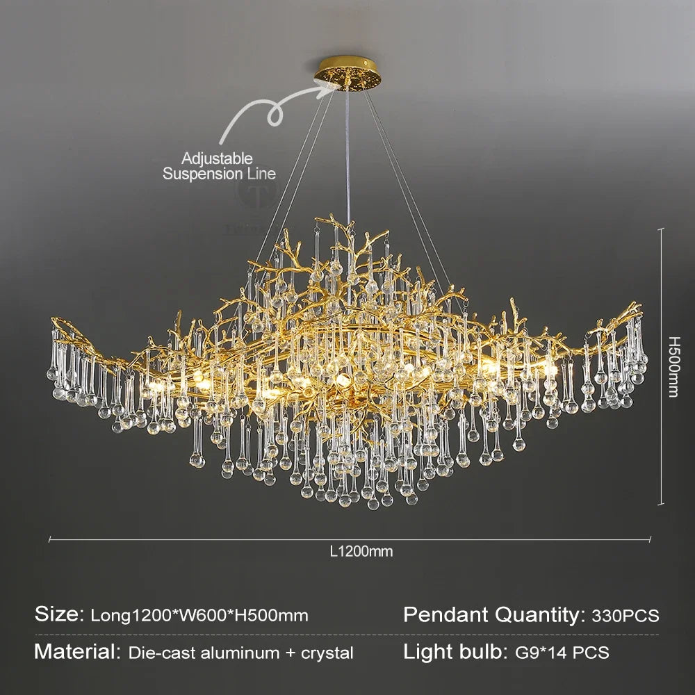 Golden Crystal Long Chandelier