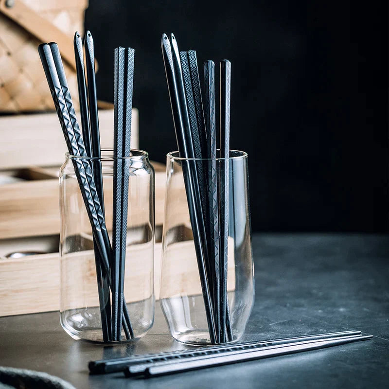 DecorBites™ Japanese Style Black Alloy Chopsticks - 10 Pairs | Anti-Slip, Moisture-Proof, High Temperature Tableware