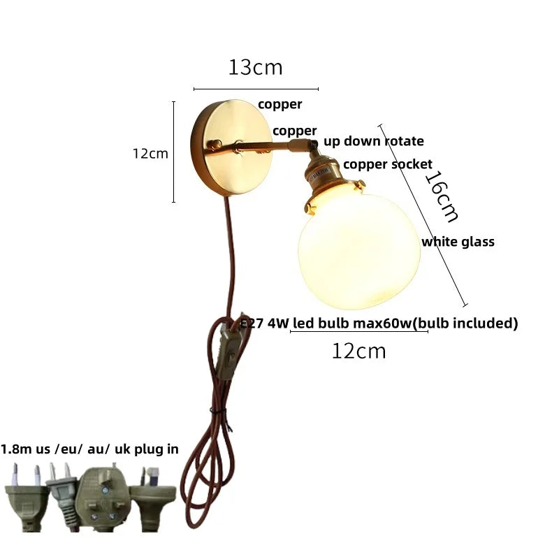 DecorBites™ Glass Rotate Copper Wall Sconce | Pull Chain Switch LED Light Fixture