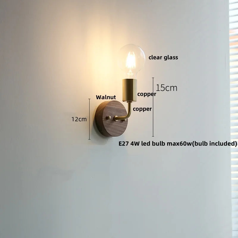 DecorBites™ LED Walnut Wood Wall Light Fixture Clear Glass Sconce Bedside Lamp