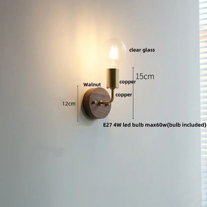 DecorBites™ LED Walnut Wood Wall Light Fixture Clear Glass Sconce Bedside Lamp