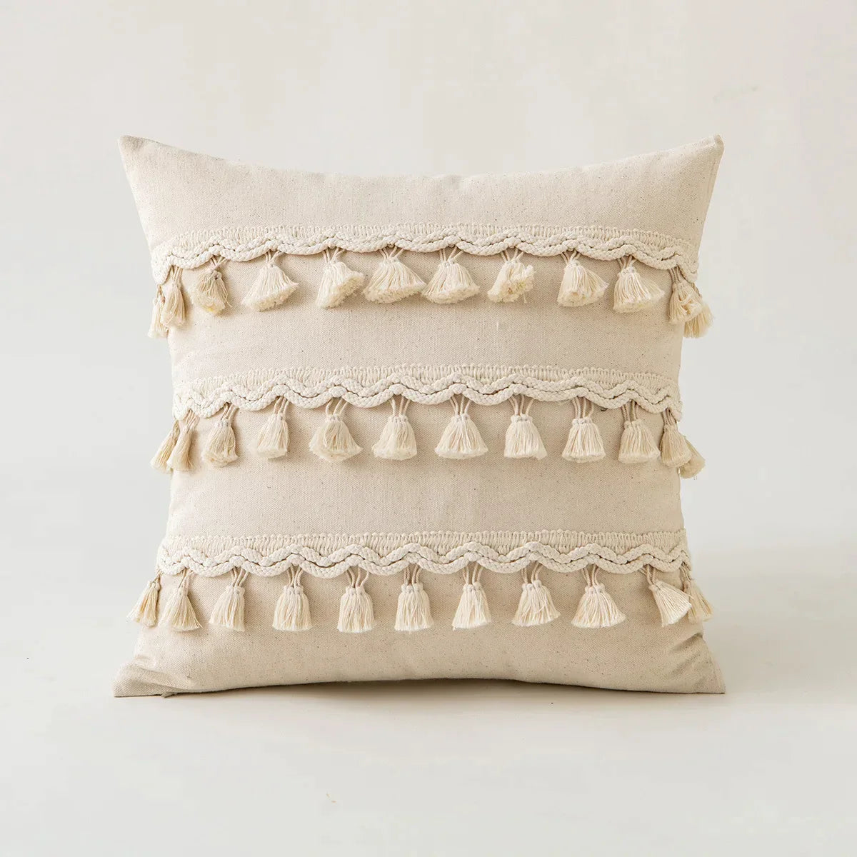 DecorBites™ Beige Tufted Fringed Cushion Cover Cotton Linen Tassel Crochet Pillow Cover