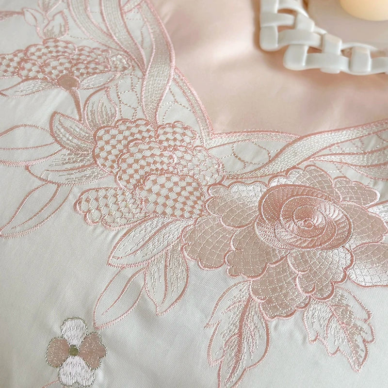 DecorBites™ French Romantic Lace Ruffles Flowers Embroidery Bedding Set in Pink & Blue Cotton
