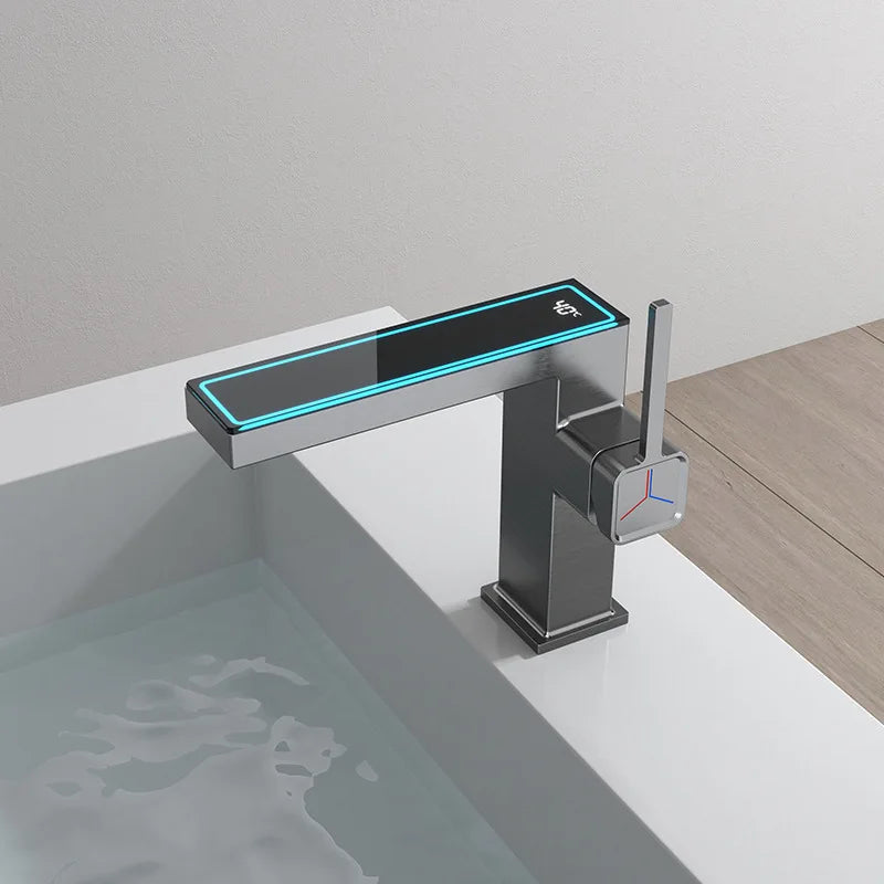 DecorBites™ Digital Display Square Sink Mixer with Single Handle in Gray.