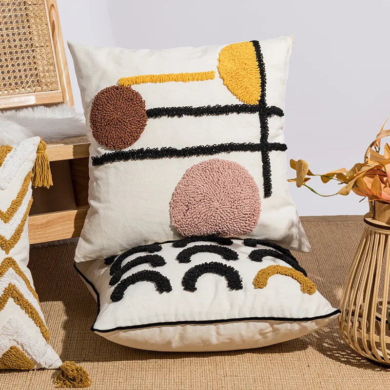 DecorBites™ Geometric Embroidery Boho Loop Tufte Cotton Canvas Cushion Cover 45x45/30x50cm