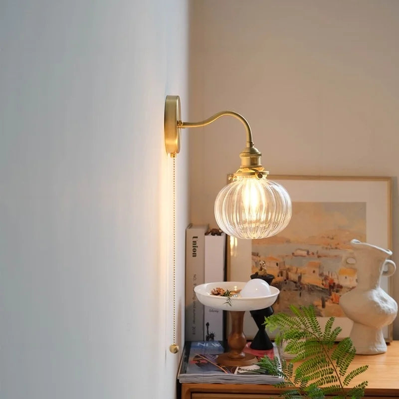 Green Glass Wall Sconce Copper Socket Pull Chain