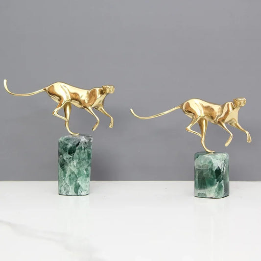 DecorBites™ Golden Leopard Brass Cheetah Green Marble Figurine Metal Decor Accessory
