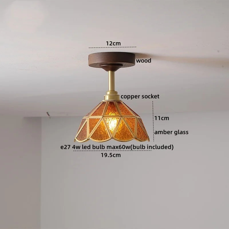 Green Glass Ceiling Lamp Copper Wood Accent