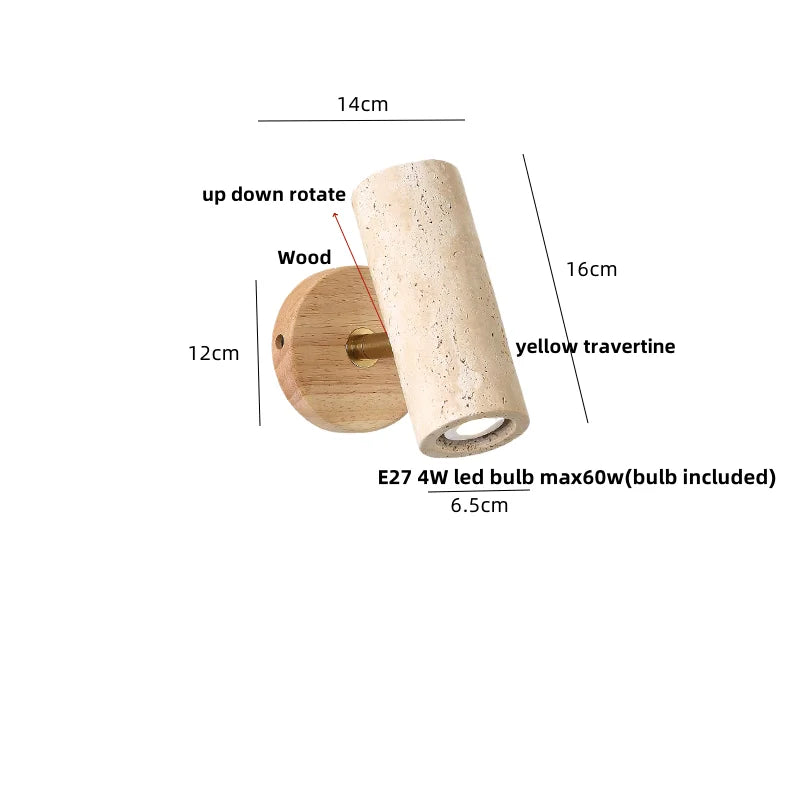 DecorBites™ LED Wall Sconce Yellow Travertine Stone Wood Nordic Modern Rotate Bedside Lamp
