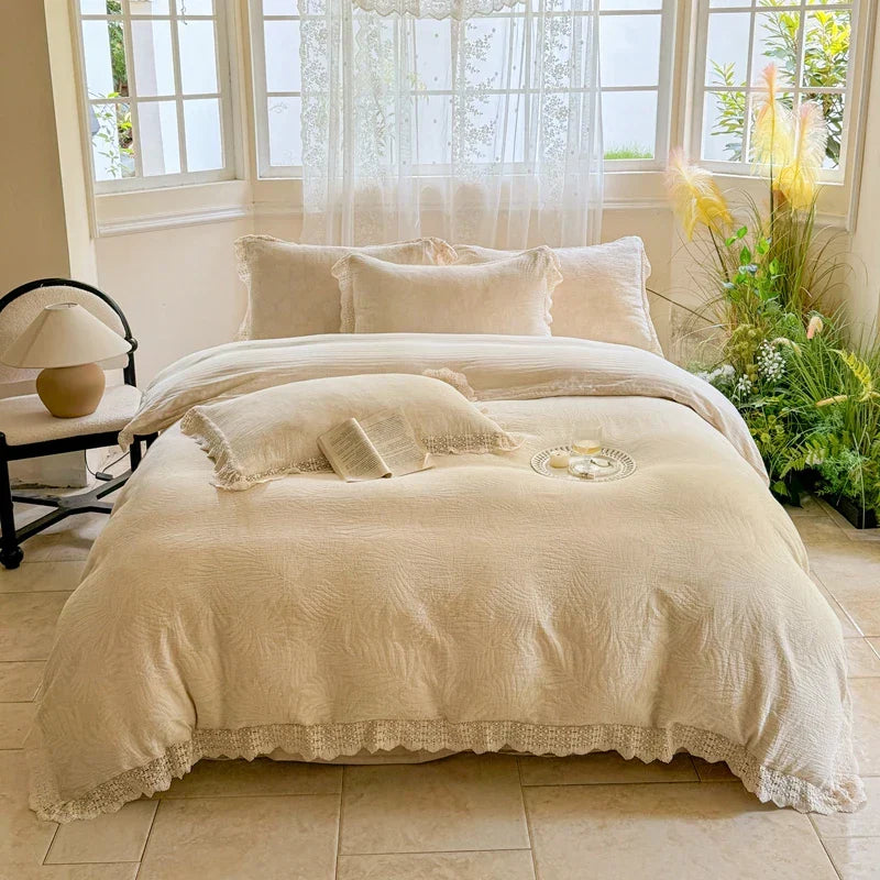 DecorBites™ French Lace Ruffles Bedding Set Queen King Size 4Pcs