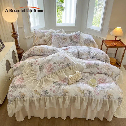 DecorBites™ French Vintage Lace Princess Bedding Set with Floral Print Quilt Cover