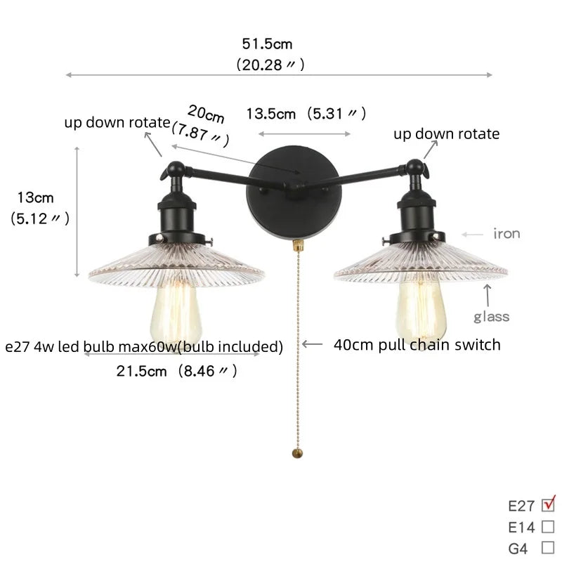 DecorBites™ Industrial LED Wall Light Fixture with Glass Pull Chain Switch - 2 Heads