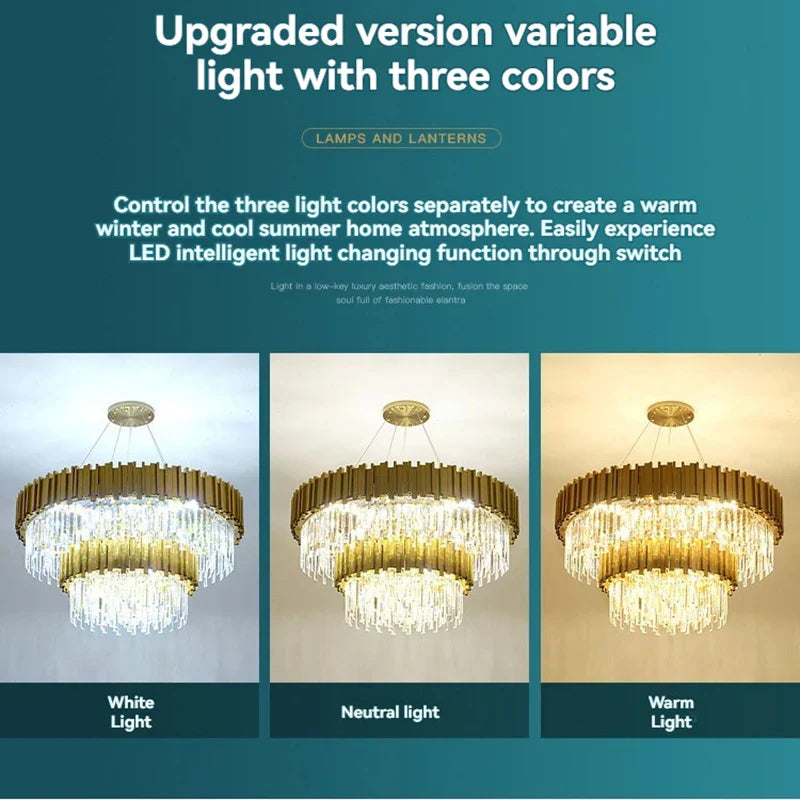 DecorBites™ Crystal Gold Chandelier LED Ceiling Pendant for Living Room Bedroom Kitchen Island