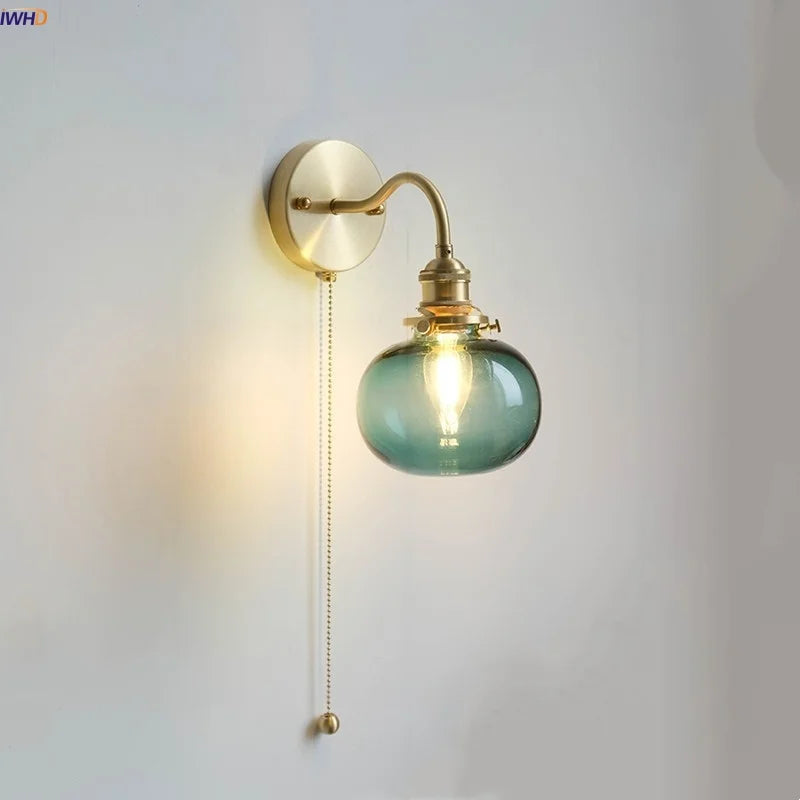 Green Glass Wall Sconce Copper Socket Pull Chain