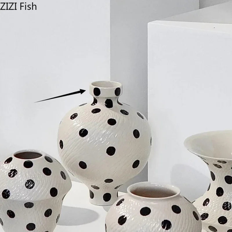 DecorBites™ Black Polka Dot Ceramic Vase for Table Flower Arrangement and Room Decor
