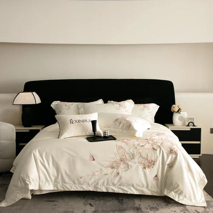 DecorBites™ Luxe Butterfly Flowers Embroidery Bedding Set 800TC Egyptian Cotton Duvet Covers Sheets Pillowcases