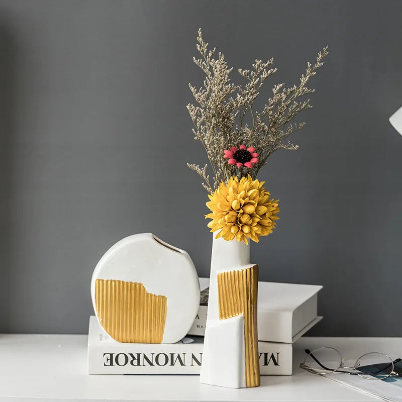 DecorBites™ Geometric Gold Striped Ceramic Vase for Flowers & Hydroponics