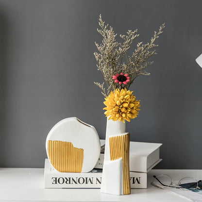 DecorBites™ Geometric Gold Striped Ceramic Vase for Flowers & Hydroponics