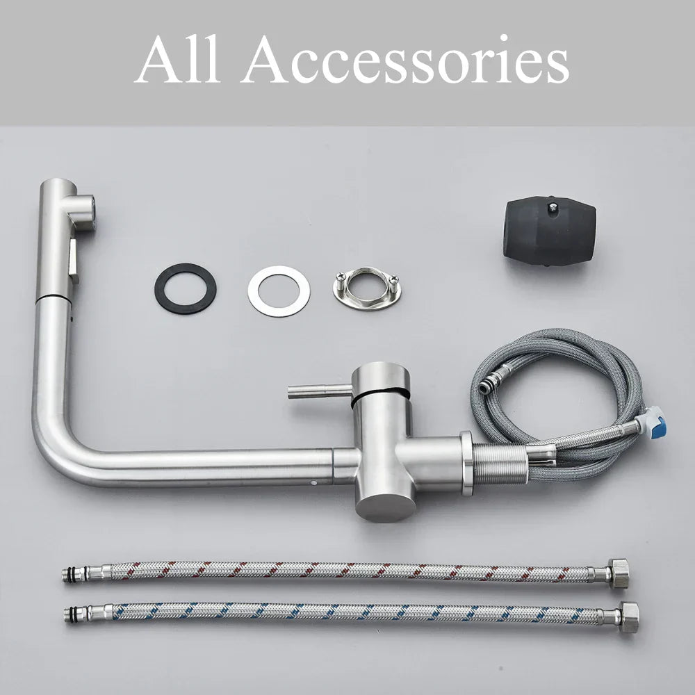 DecorBites™ Brushed Nickel Pull Out Kitchen Faucet Stainless Steel Tap Deck Install